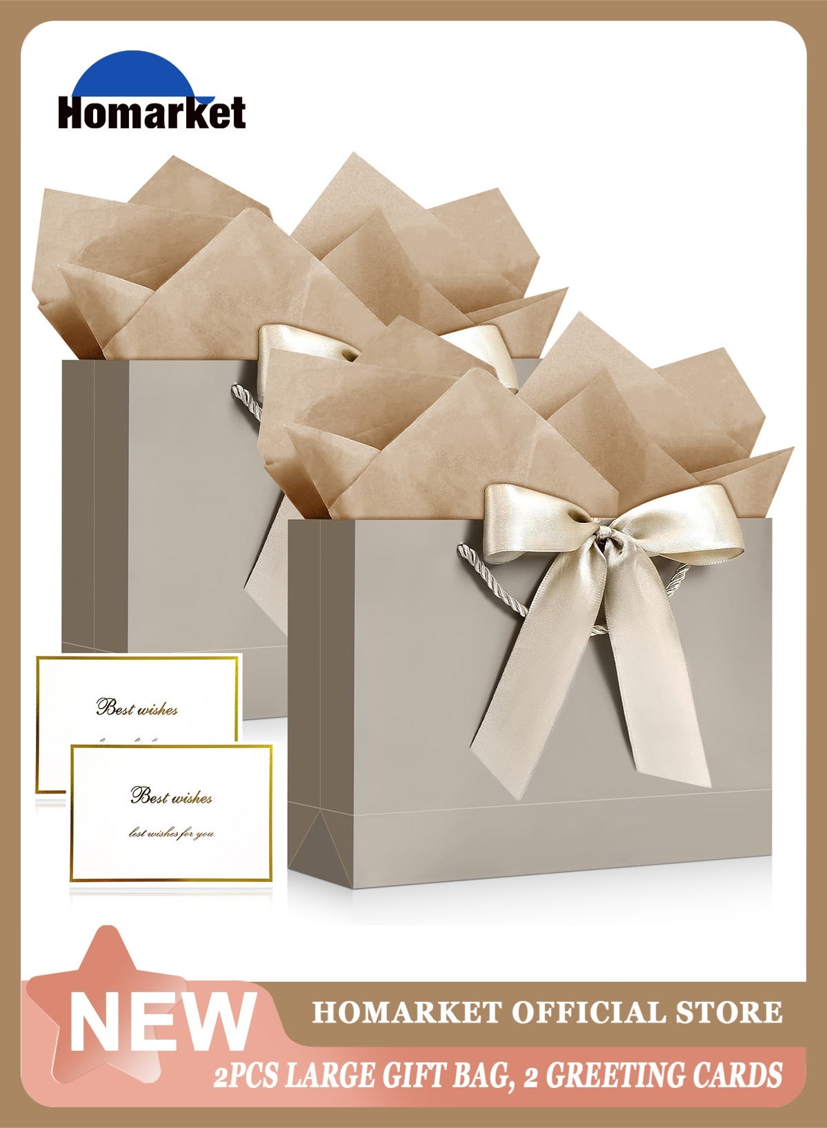 Gift Bag, 2PCS Gift Bags Large with Ribbon and 2 Greeting Cards 4 Tissue Paper, Portable Paper Gift Bag Luxury Bag with Handles, Birthday Gift Bags,Present Bags for Wedding Party Mothers Day Valentines Day Baby Shower(12.6" x 9.8" x 4.3"/32X25X11CM)